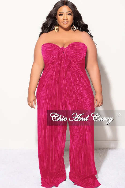 Final Sale Plus Size Strapless Pleated Jumpsuit Fuchsia