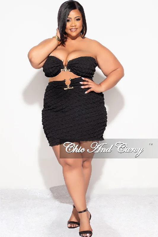 Final Sale Plus Size 2pc Honeycomb Texture Strapless Top and Skirt Set in Black