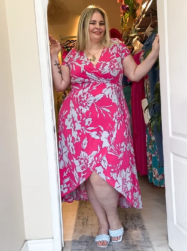 Bonnie Plus Size Faux Wrap Dress in Fuchsia and Grey