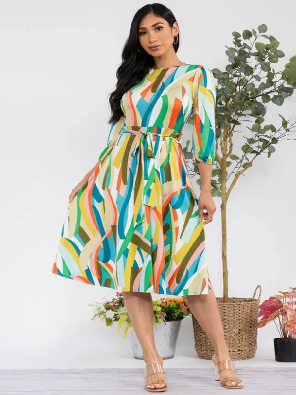 Avril Plus Size Fit & Flare Midi Dress in Geo Print