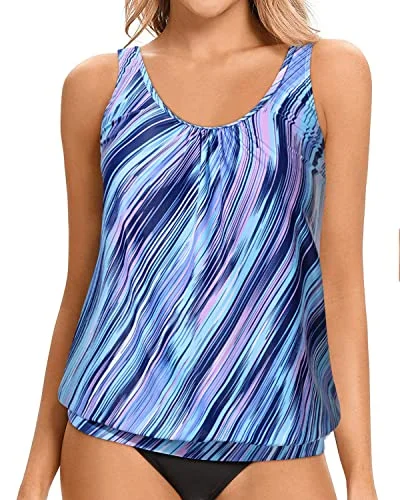 Women's Tankini Tops Blouson Loose Fit Modest Tank Top-Blue