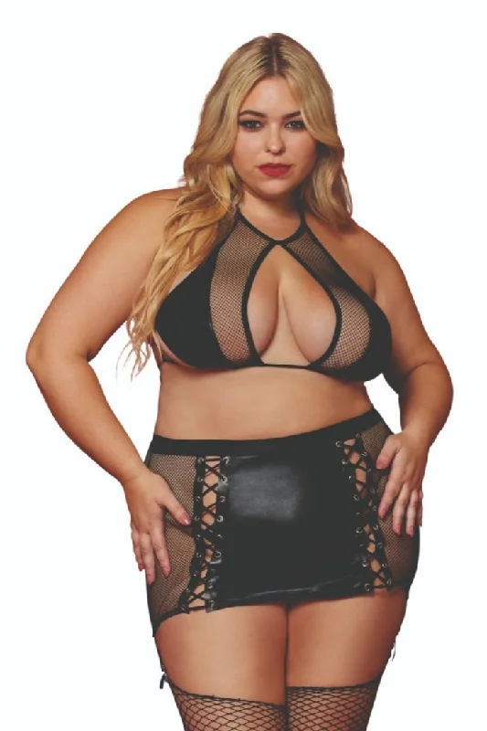 Plus Size Fishnet and Faux-Leather Bralette Skirt Set