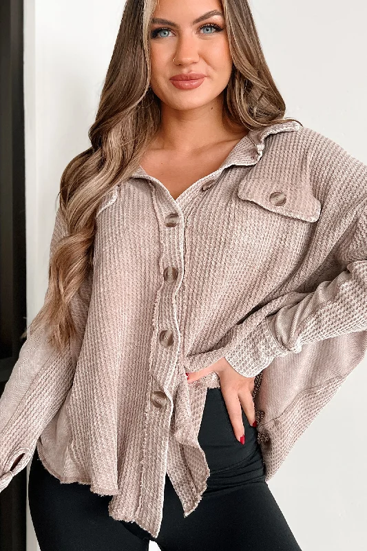 Ruffled Cuff Women Long Sleeve Top with a Feminine TouchDon't Complicate It Oversized Acid Wash Shacket (Ash Mocha)