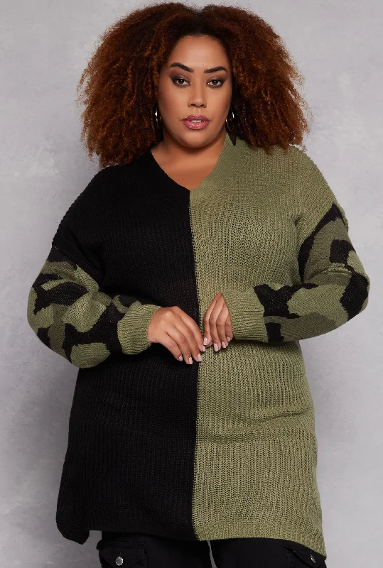 Plus Size Camo Color Block Sweater