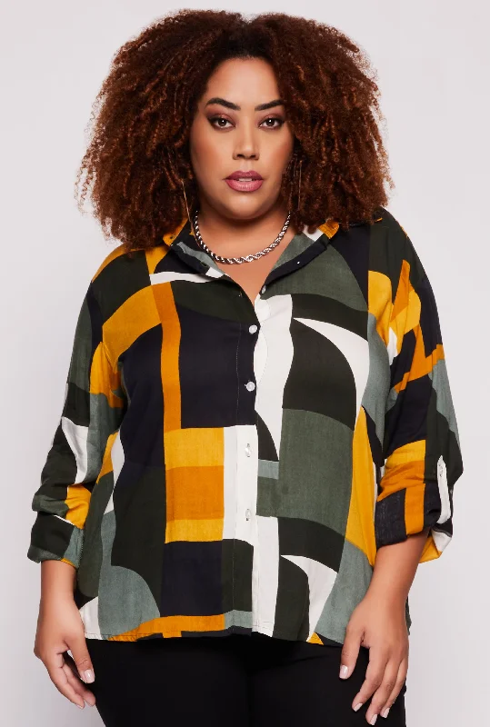 Plus Size Abstract Print Tabbed Sleeve Shirt