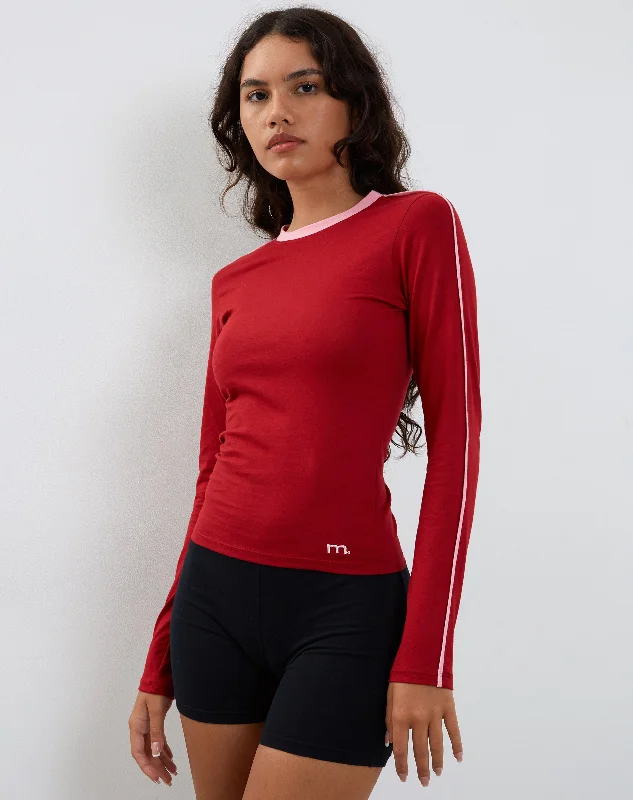 Bonija Long Sleeve Top in Red with Pink Binding