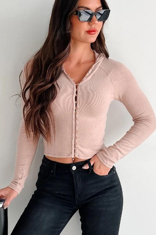 Gimme Some Space Button Front Hoodie Top (Light Mocha)