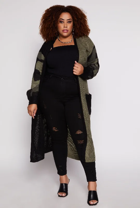 Plus Size Camo Color Block Knit Duster