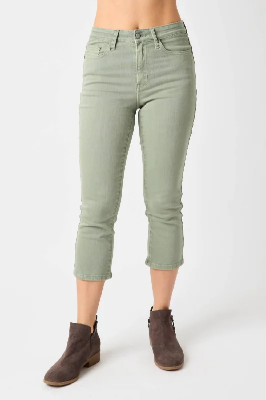 Plus Size Women's Embroidered Tight Trousers in White for a Feminine and Elegant StyleGarment Dyed Capri Pants In Sage