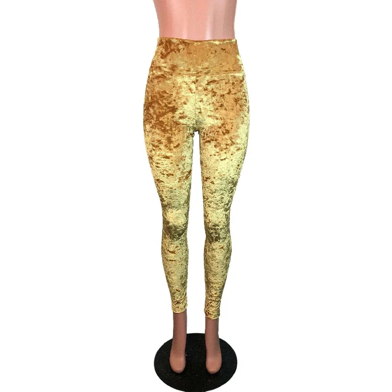 Mustard Yellow Gold Crushed Velvet High Waisted Leggings Pants