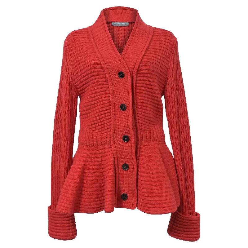 organic cotton women cardigan for an eco - friendly choiceAlexander McQueen Peplum Chunky-Knit Cardigan in Red Wool