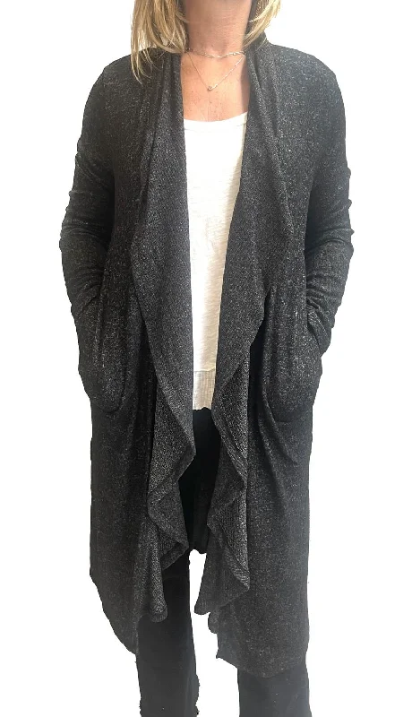 cable knit women cardigan with intricate patternsAuden Super Soft Long Drape Cardigan In Black Onyx
