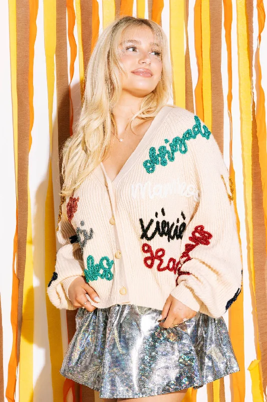 cropped women cardigan to pair with high - waisted jeansBeige Multi Thanks Glitter Script Cardigan