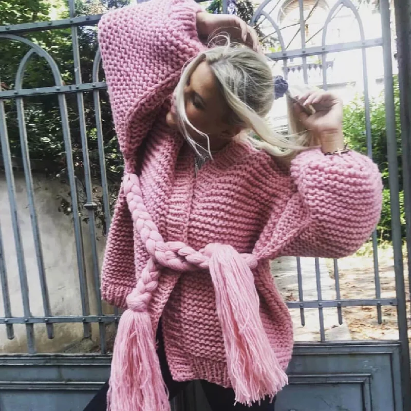 cropped women cardigan to pair with high - waisted jeansBishop Sleeve Fringed Braided Belt Knit Sweater Cardigan - Pink