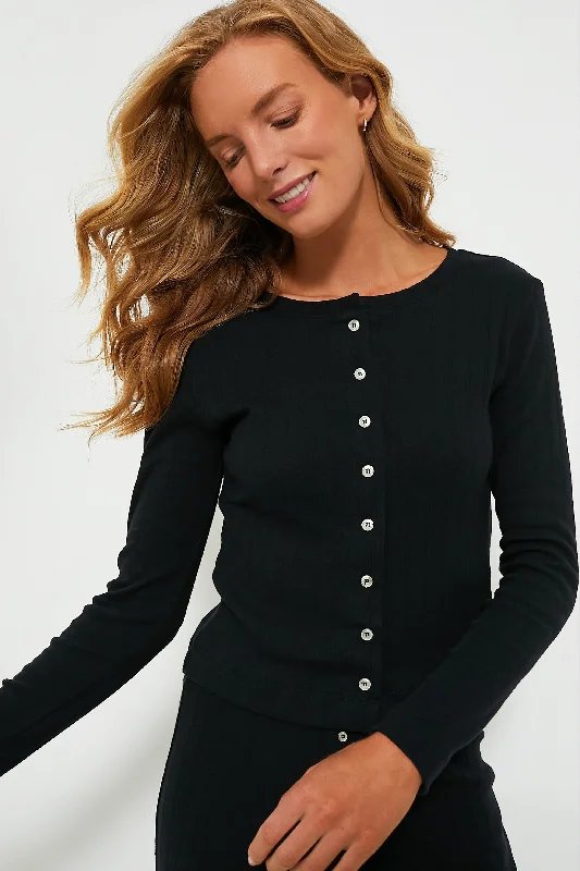 open front women cardigan for easy stylingBlack Pointelle Classic Crew Cardigan