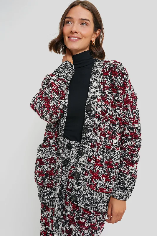 boyfriend style women cardigan for a relaxed fitBlack White and Plum Oversized Cardigan