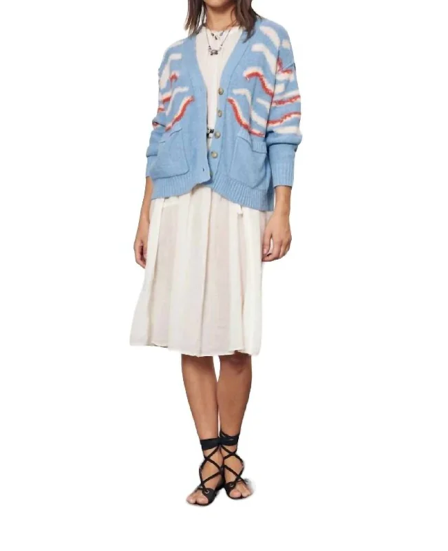 cable knit women cardigan with intricate patternsButton Front Accra Cardigan In Light Denim/chalk