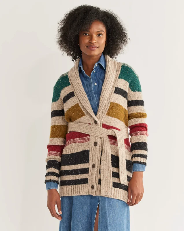 open front women cardigan for easy stylingCamp Stripe Cardigan <br> Ivory Multi Stripe