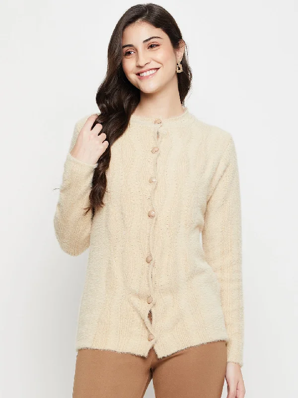 machine washable women cardigan for easy careWomen's Casual  Beige Round neck Cardigan Sweater