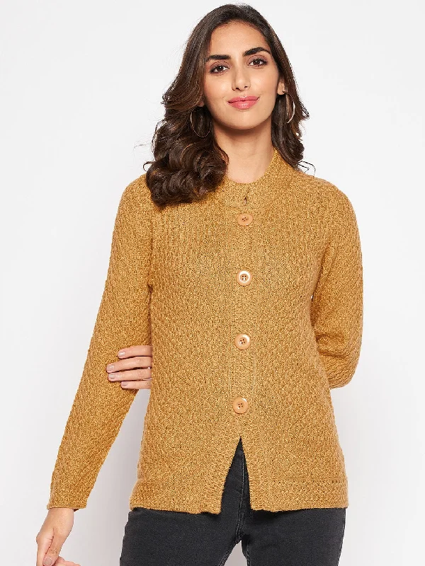 cashmere blend women cardigan for a luxurious feelWomen's Casual  Mustard Round neck Cardigan Sweater