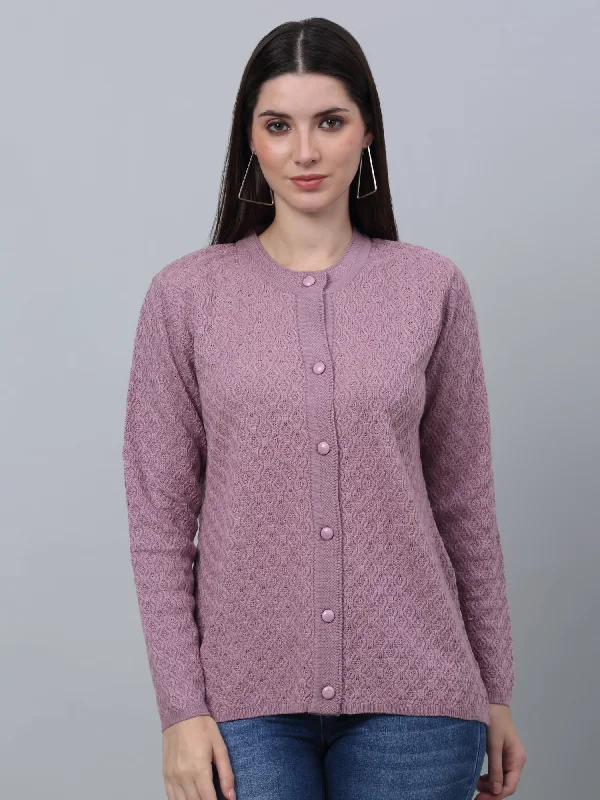 long length women cardigan with side slitsWomen's Casual  Dark Pink Round neck Cardigan Sweater