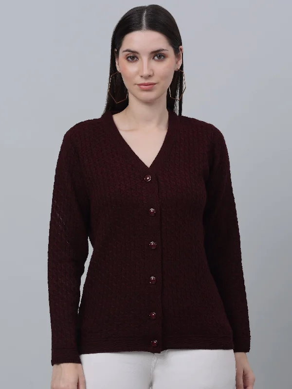 cable knit women cardigan with intricate patternsWomen's Casual  Wine V neck Cardigan Sweater