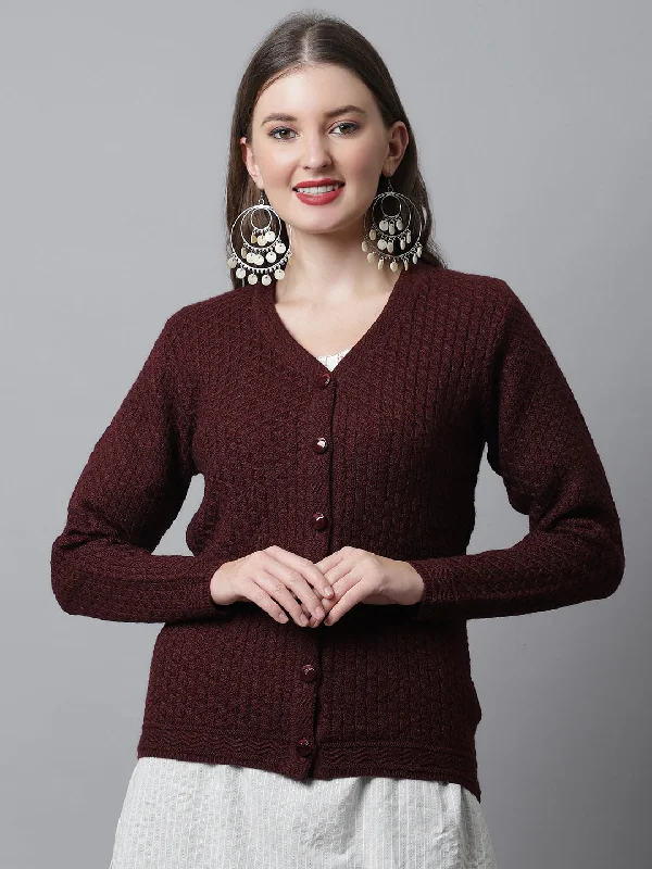 ribbed women cardigan with a classic textureWomen's Casual  Wine V neck Cardigan Sweater