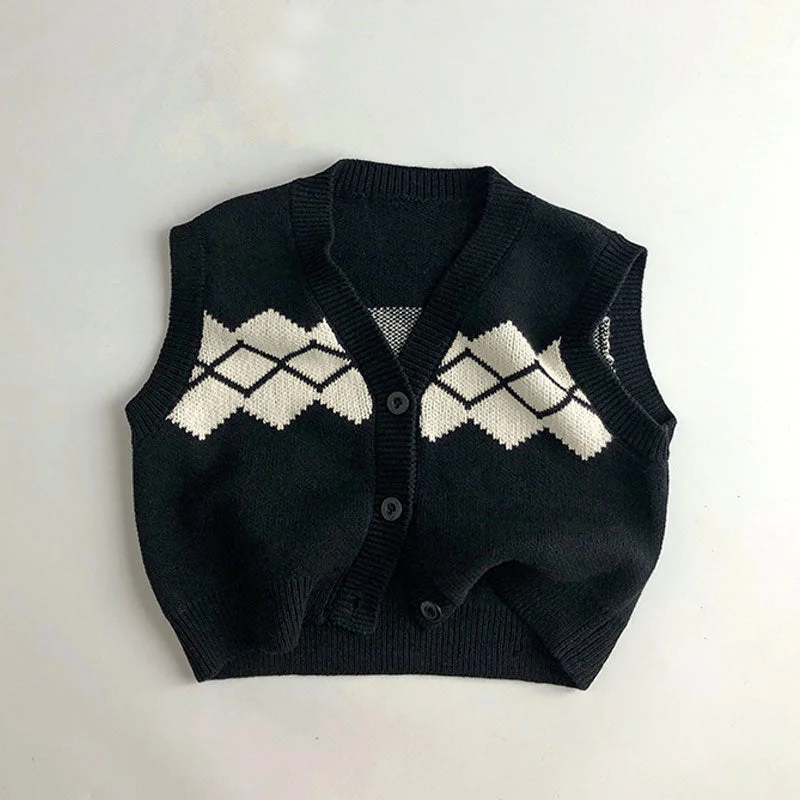 button down women cardigan with vintage buttonsCasual Geometric Jacquard Knit V Neck Sleeveless Button Front Boys Cardigan