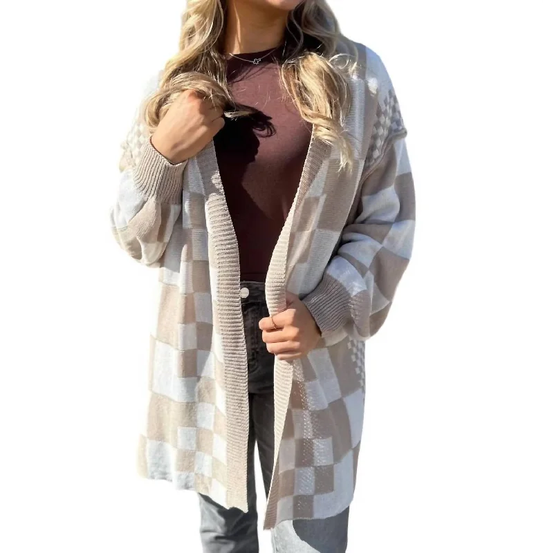oversized women cardigan for a trendy and cozy lookCheckerboard Loose Fit Cardigan In Latte