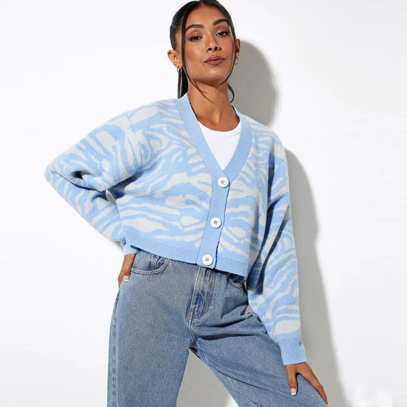 cable knit women cardigan with intricate patternsChic Blue Zebra Print V Neck Drop Shoulder Long Sleeve Cropped Knit Cardigan