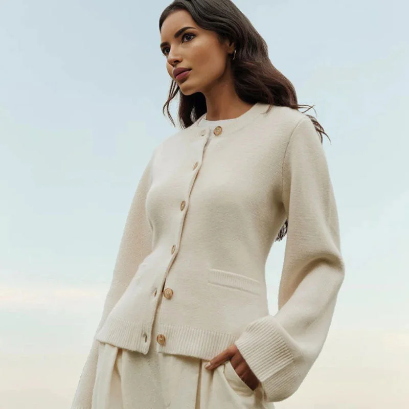 organic cotton women cardigan for an eco - friendly choiceChic Monochrome Ribbed Knit Crew Neck Bell Sleeve Button Front Cardigan