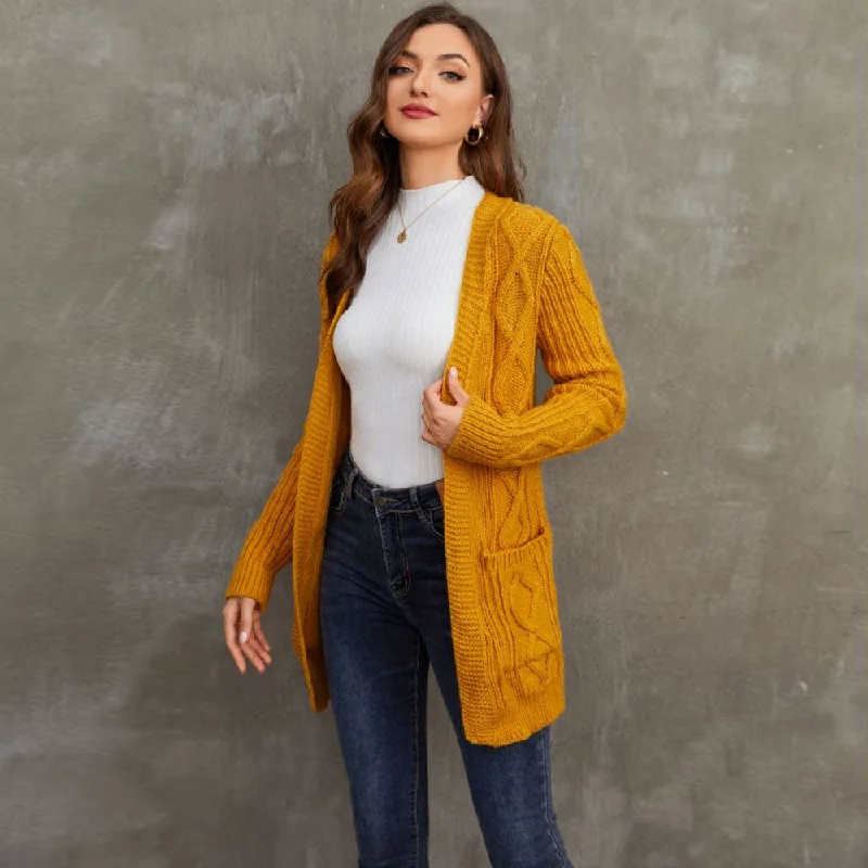 hand knitted women cardigan with artisanal charmClassic Open Front Long Sleeve Ginger Fisherman Cable Knit Cardigan