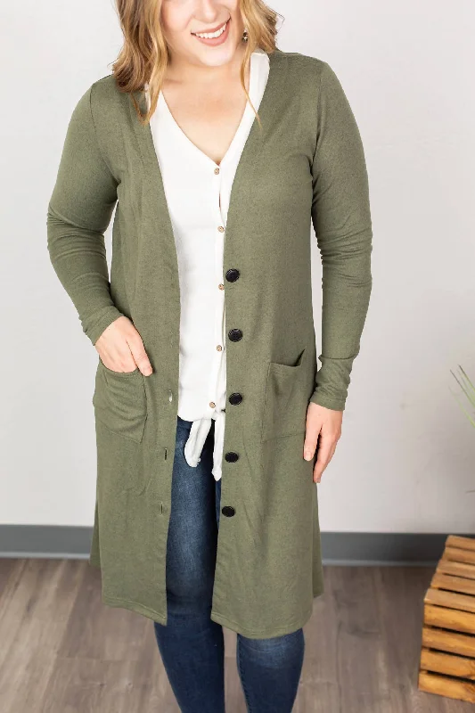 long length women cardigan with side slitsColbie Cardigan In Olive