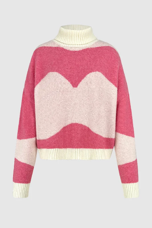 Hot Girl Color Wave Turtleneck Sweater In Pink