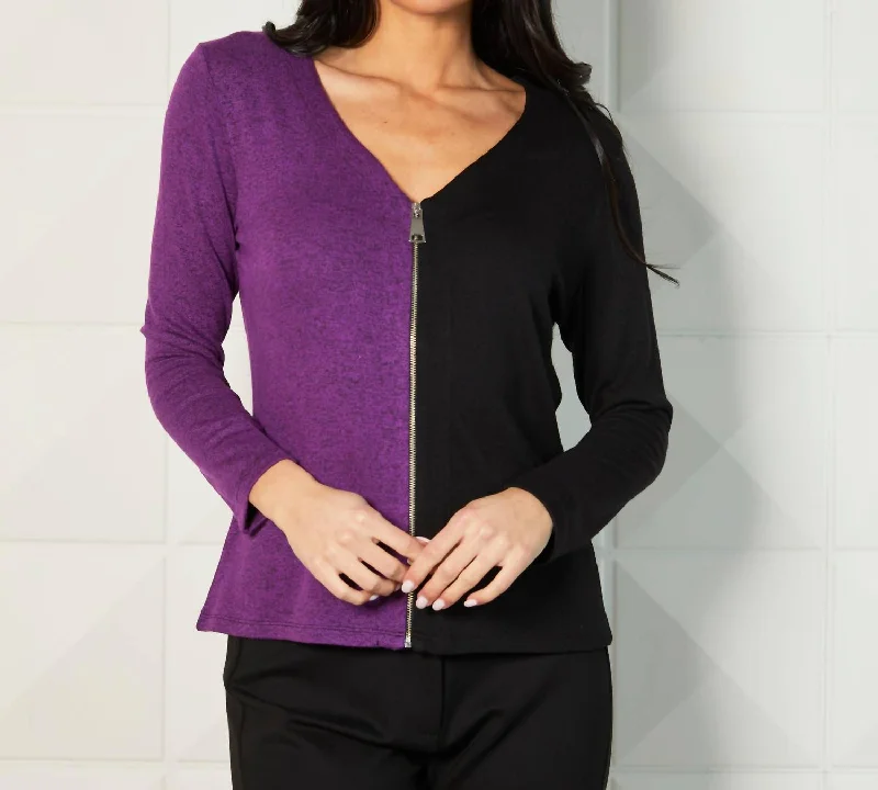 color block women cardigan with bold huesColor Block V-Neck Zip Cardigan In Black/violet