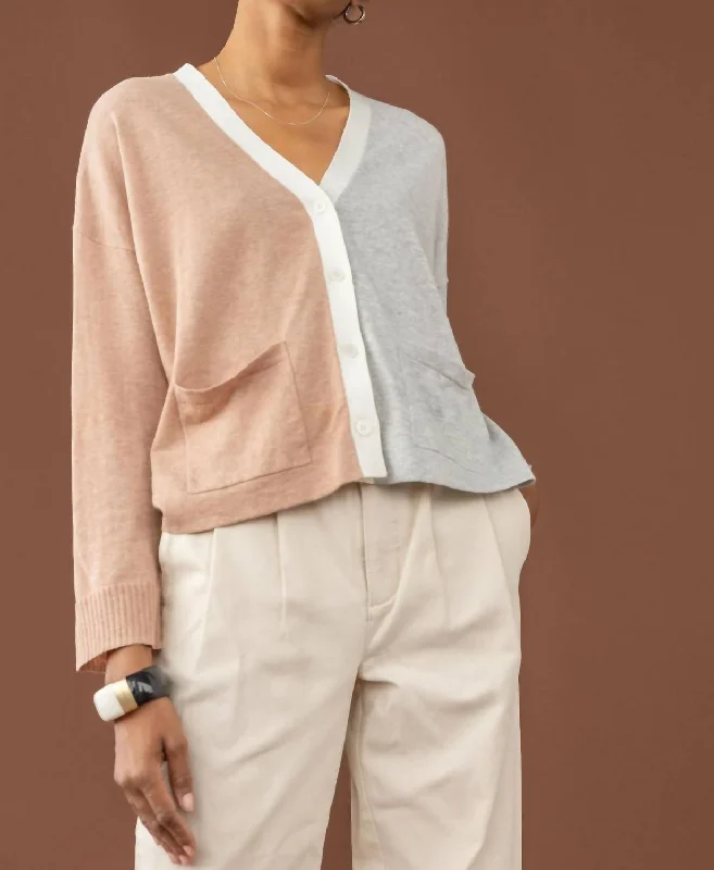 floral print women cardigan for a feminine touchColor Blocked Pocket Cardigan Sweater In Heather Grey/truffle
