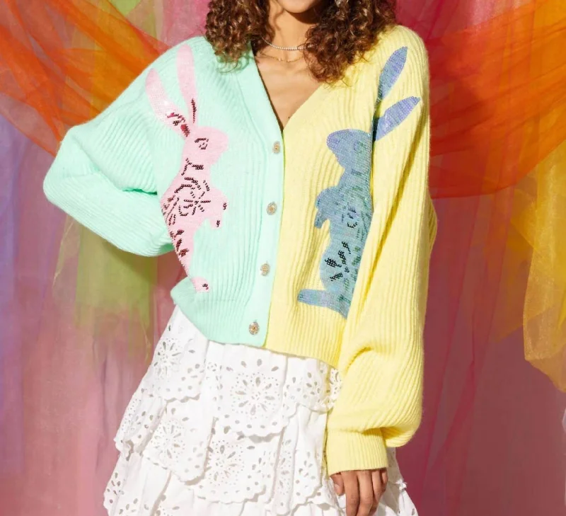oversized women cardigan for a trendy and cozy lookColorblock Bunny Cardigan In Pastel Green/sunny Yellow