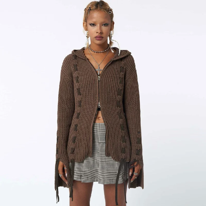 open front women cardigan for easy stylingContrast Coffee Lace Up Detail Two Way Zip Slit Cuff Hooded Rib Knit Cardigan