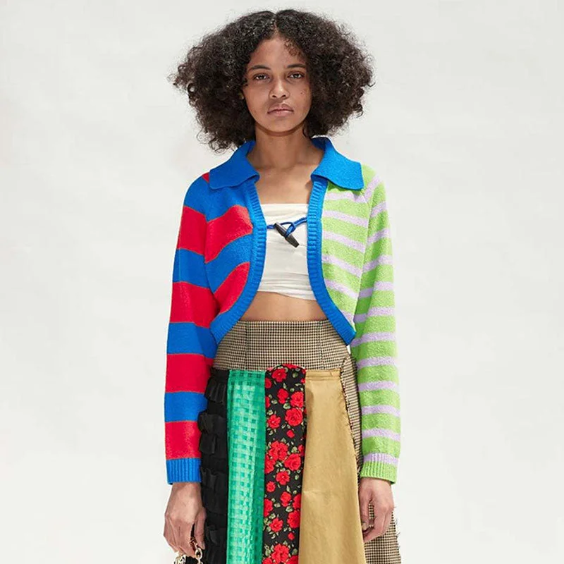 open front women cardigan for easy stylingContrast Rainbow Striped Print Folded Collar Cropped Knit Cardigan