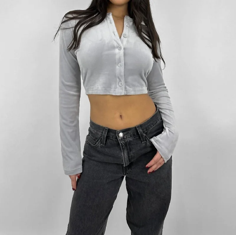 plus size women cardigan for comfortable layeringCrewneck Velvet Cardigan In Grey