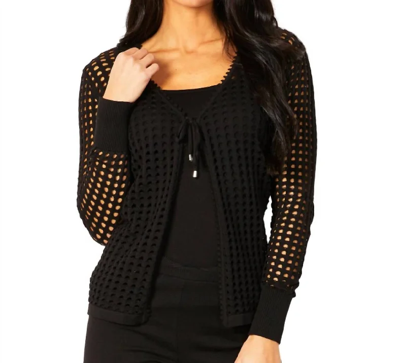 machine washable women cardigan for easy careCrochet Tie Up Cardigan In Black
