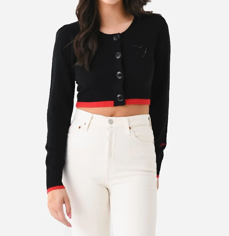 hand knitted women cardigan with artisanal charmCropped O-Neck Cardigan In Black