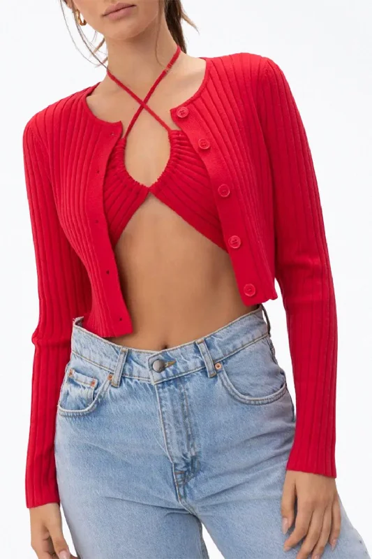 ribbed women cardigan with a classic textureCropped Ribbed-Knit Cardigan In Red