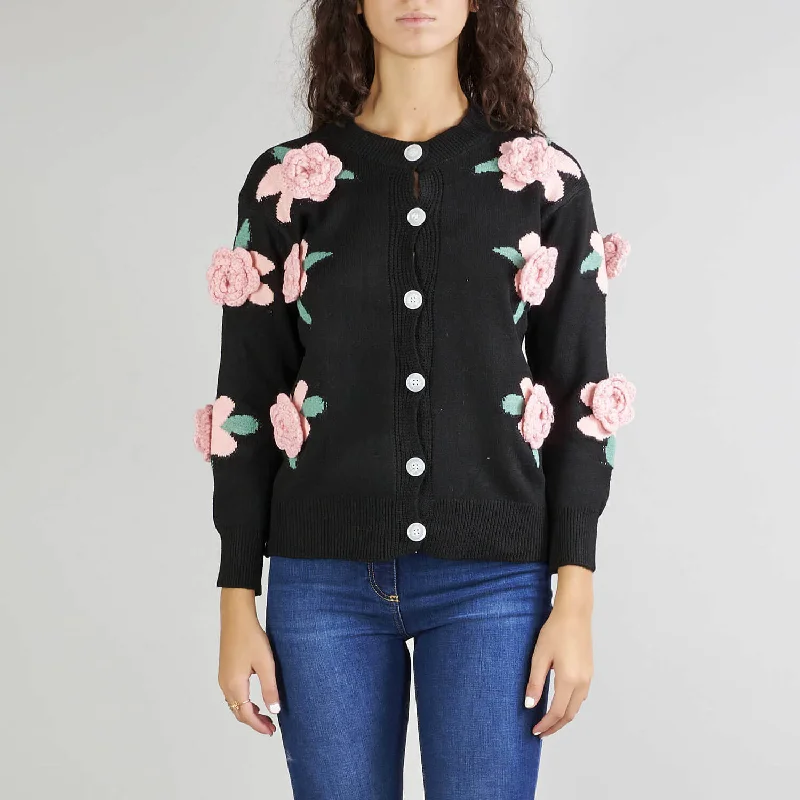 plus size women cardigan for comfortable layeringCute Black Crew Neck Drop Shoulder Button Up Floral Jacquard Knit Cardigan