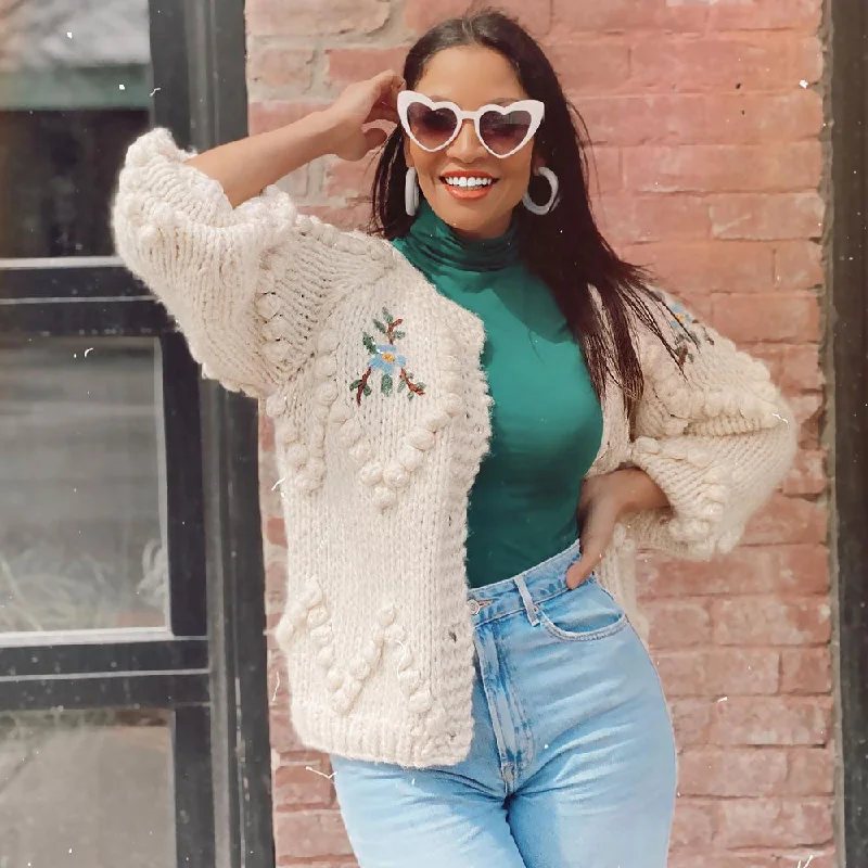hooded women cardigan for added warmth and styleCute White Floral Embroidered Popcorn Chunky Hand Knit Button Up Cardigan