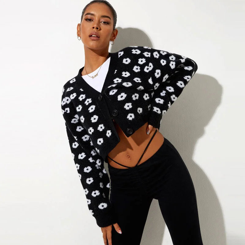 color block women cardigan with bold huesCute Floral Print V Neck Drop Shoulder Long Sleeve Cropped Knit Cardigan