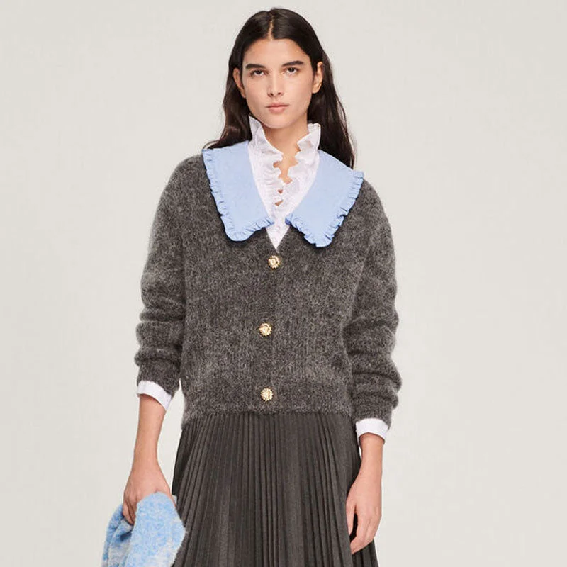 cable knit women cardigan with intricate patternsCute Gray Mohair Blend Oversized Collar V Neck Button Up Cardigan