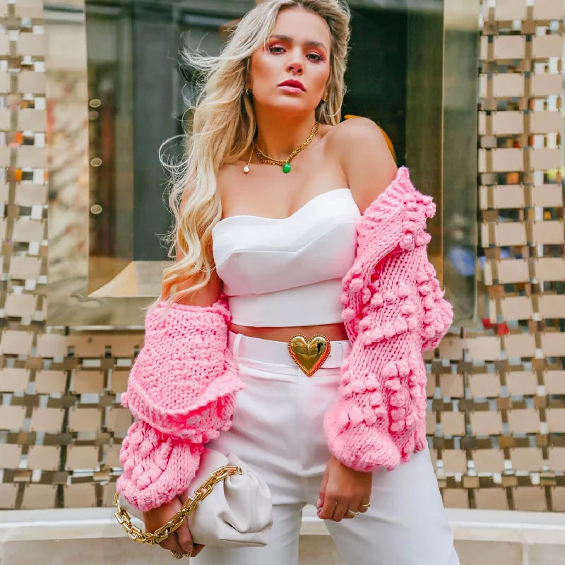 v neck women cardigan to elongate the necklineCute Popcorn Heart Motif Crew Neck Chunky Hand Knit Cardigan