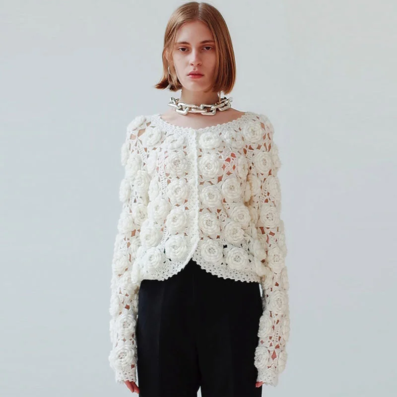 hand knitted women cardigan with artisanal charmCute White Rosette Crochet Hand Knit Button Up Wool Blend Crop Cardigan