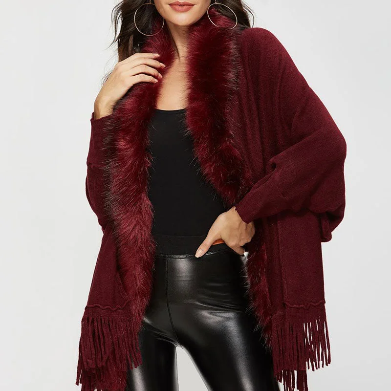 v neck women cardigan to elongate the necklineElegant Faux Fur Shawl Collar Dolman Sleeve Open Front Fringe Knit Cardigan